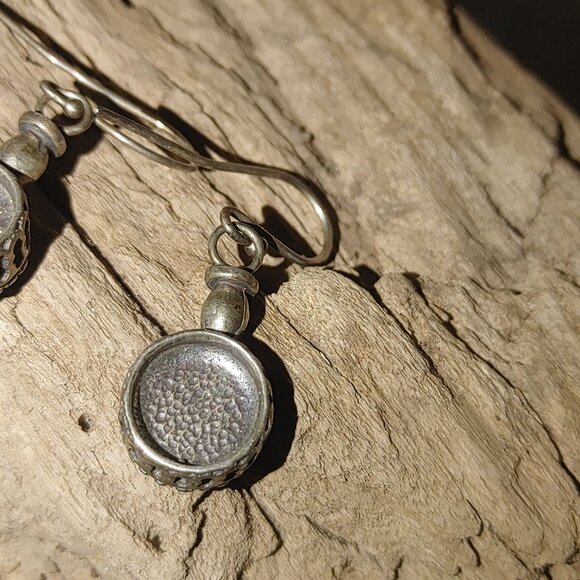 Vintage Sterling Silver Green Glass Dangle Earrings Round Bezel Settings Boho - Picture 11 of 13